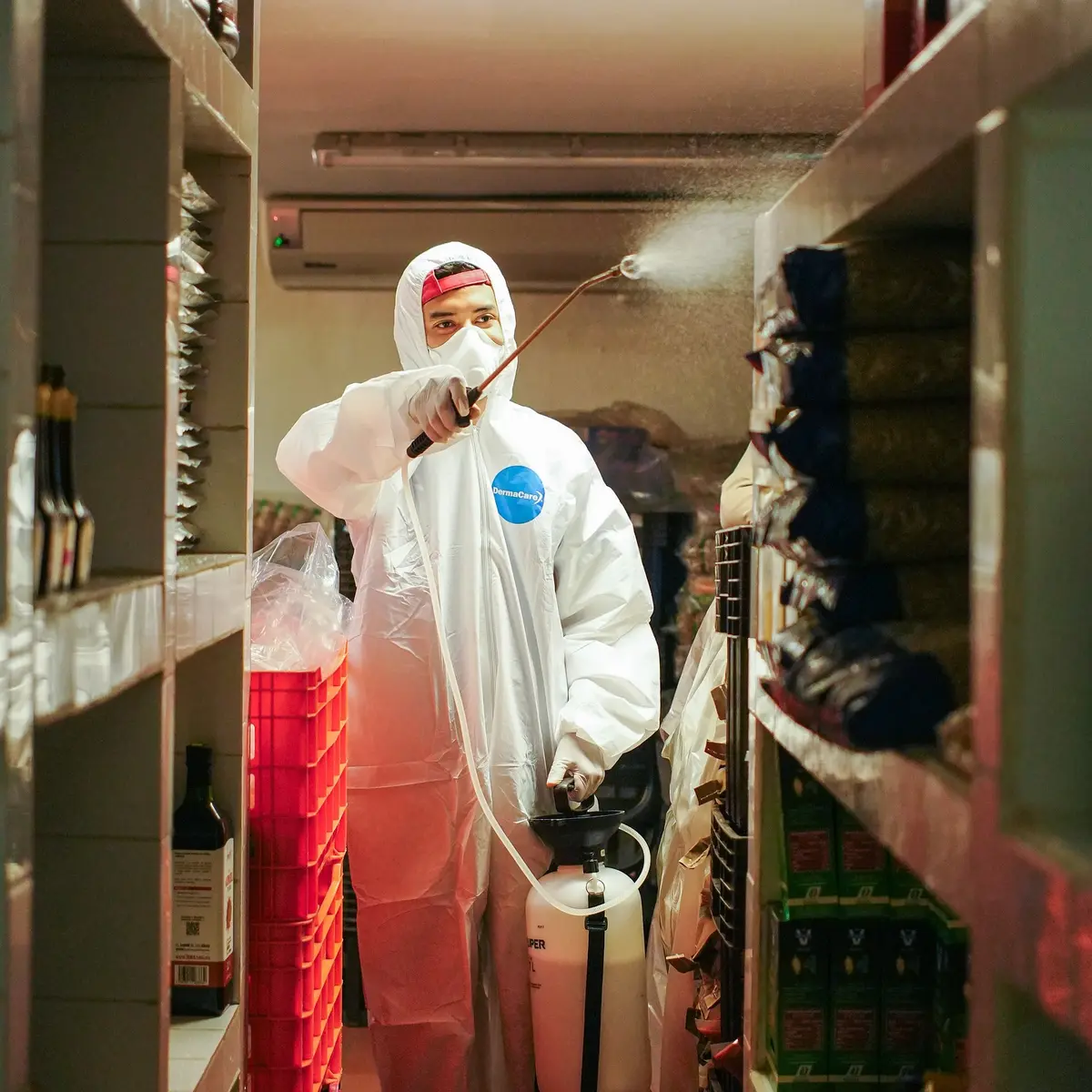 Técnico de Clean Control con traje blanco y mascarilla aplicando tratamiento en una bodega de vinos y abarrotes